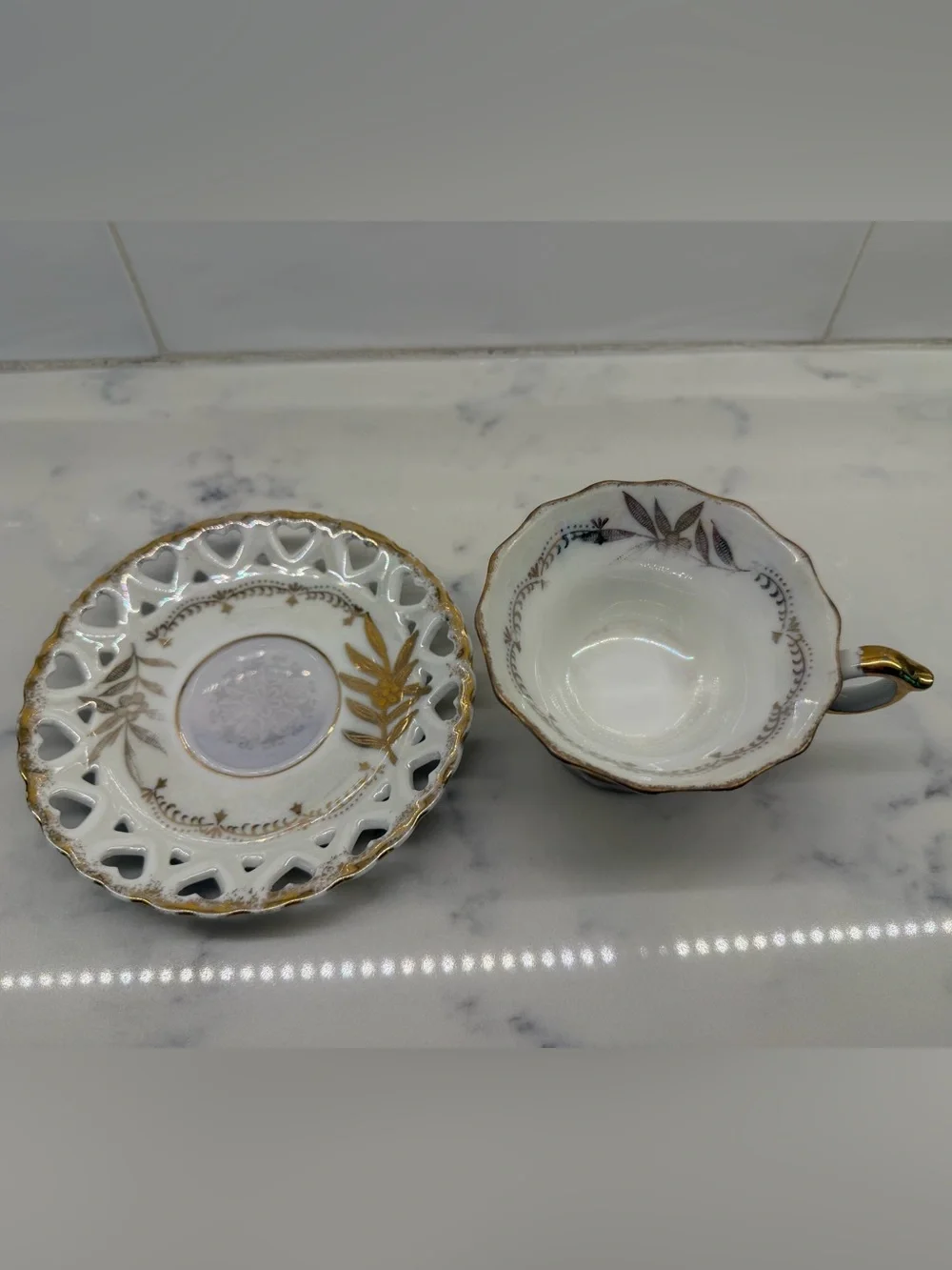 Royal Halsey Vintage Bridgerton Mahjong Porcelain Gold-Trim Teacup and Saucer
